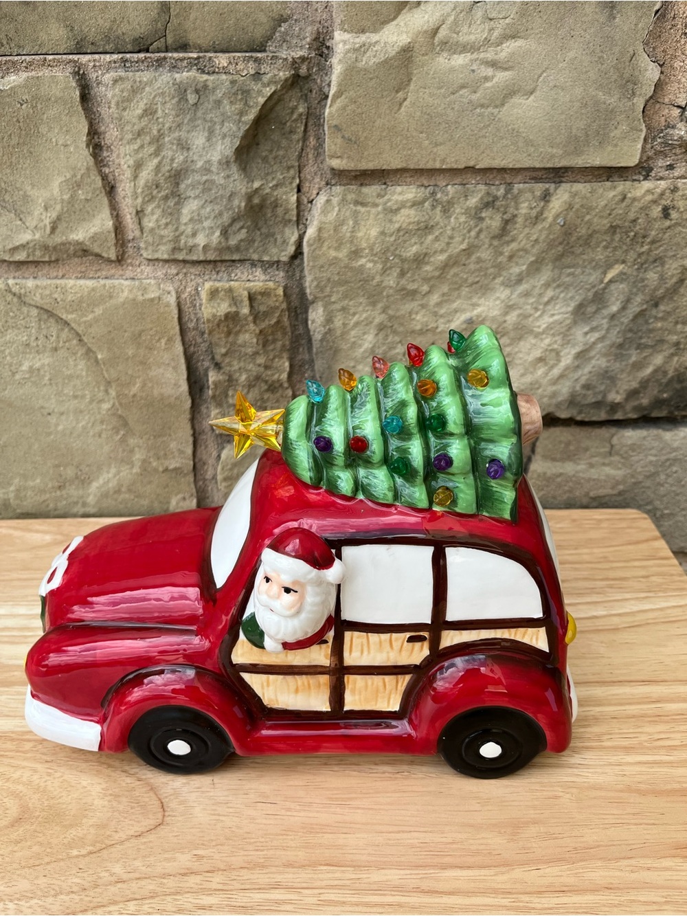 Festive Red Ceramic Car with Santa and Green Christmas Tree